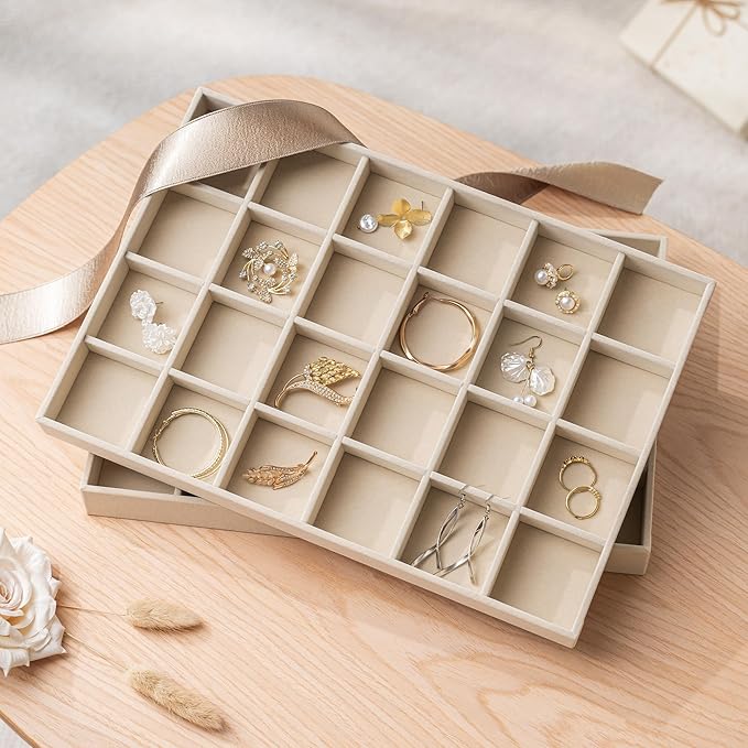 pickpiff Drawer Jewelry Organizer & Display Trays: 2pcs 24grid Velvet Stackable Jewelry Case (13.8x9.4x1.2inch) - Soft Beige Ring Storage Bracelet Holder Earring Box