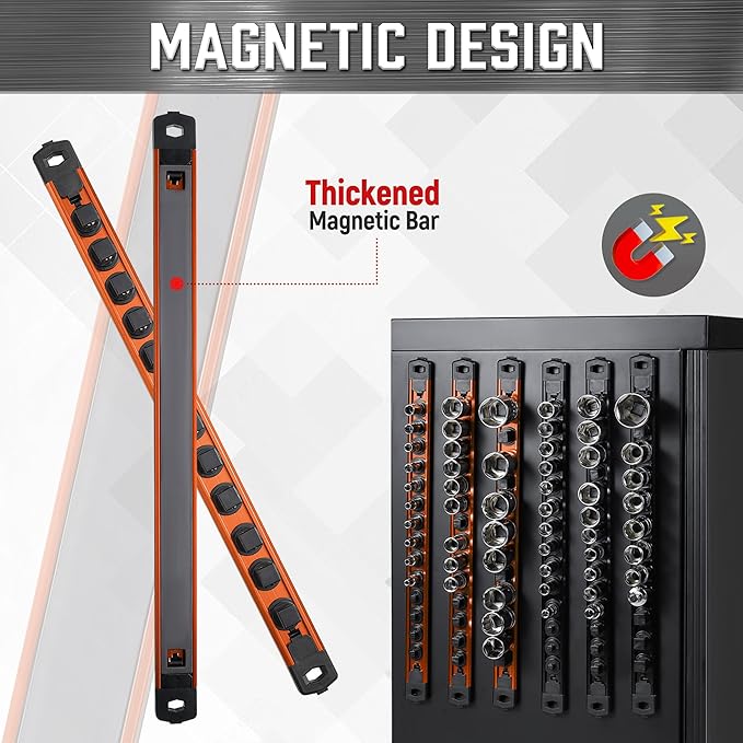 ALOANES 3-Piece Magnetic Socket Organizer, Heavy Duty Aluminum Socket Rails Organizer, 360° Swivel Clips Socket Holder Kit for Tool Box, 1/2-Inch Socket Holder x 36 Clips (Orange)