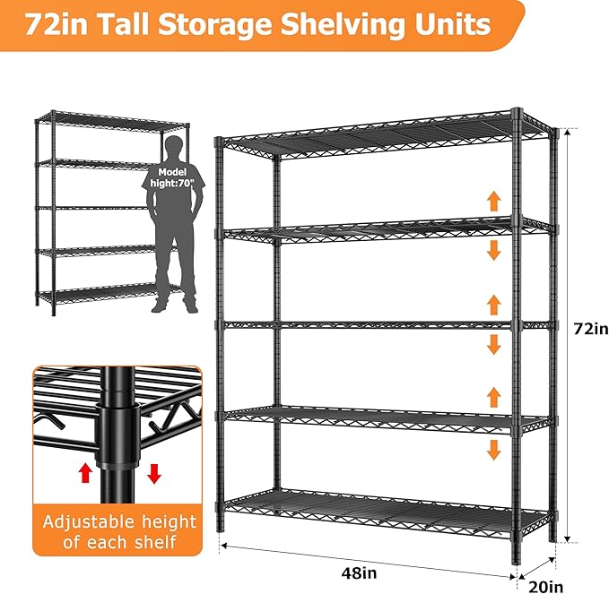 Storage Shelves Heavy Duty with Wheels,48"L x 20"W x 72"H Garage Wire Shelving Unit Loads 2000LBS,5-tier Adjustable Metal Industrial Utility Shelf Rack for Kitchen,Laundry,Pantry,Warehouse,Basement