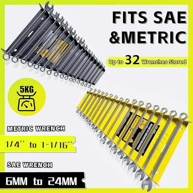KJE 2Pack Magnetic Wrench Organizer, 32-Slot Wrench Rack Tool Trays, Magnetic Wrench Set Holder SAE(1/4" - 1-1/16") and Metric(6MM-24MM)