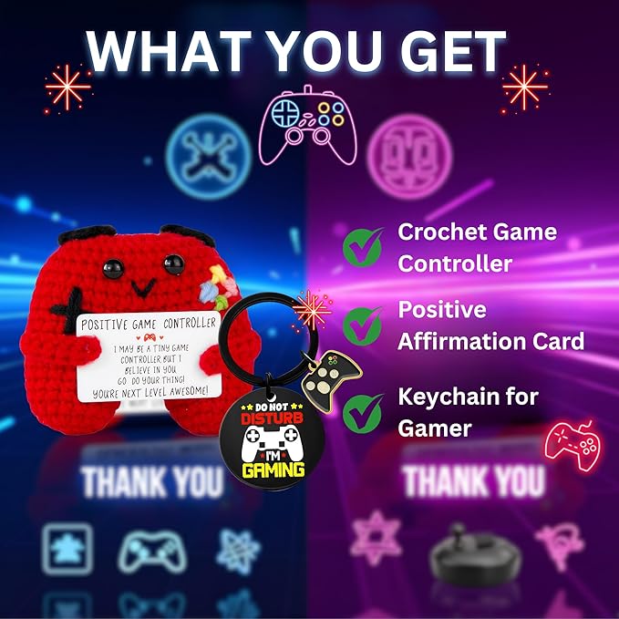 Gamer Gifts Positive Crochet Game Controller and Inspirational Keychain, Unique Teenage Boy Gifts Idea, Gaming Gift Set with Gamer Keychain, Birthday Gift Emotional Support Crochet for Game Lovers