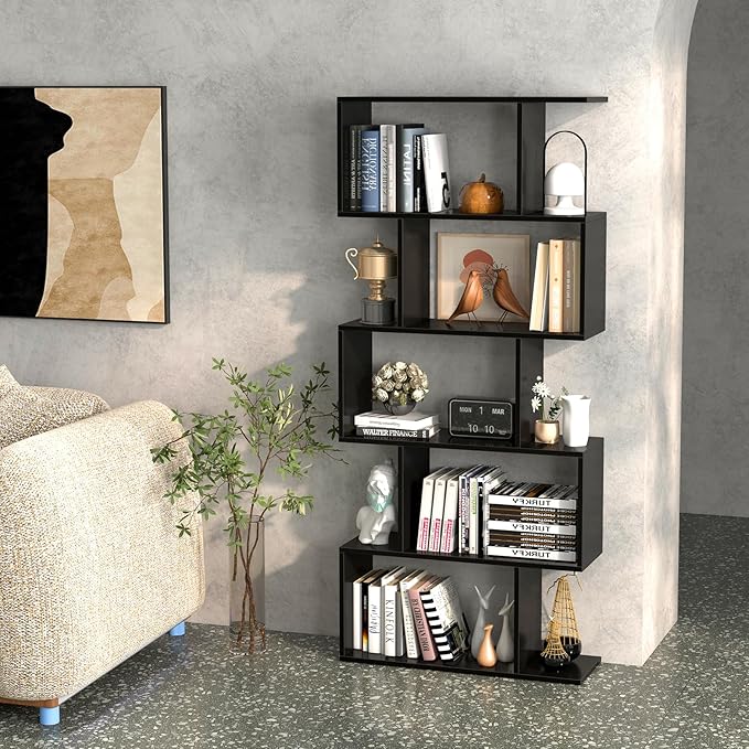 5-Tier Geometric Bookcase, 62.5” Freestanding Room Divider Bookshelf with Open Display Shelves & Anti-tip Device, Wood S-Shaped Storage Organizer for Living Room, Bedroom, Study & Home Office