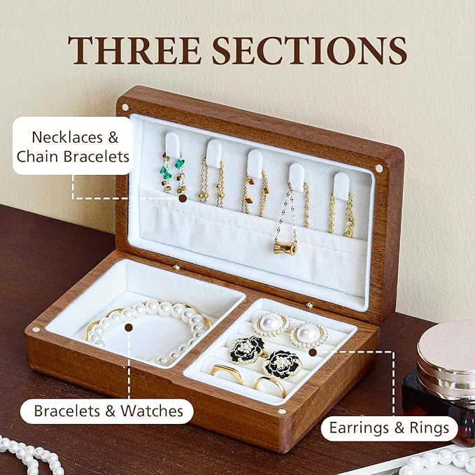 LadyRosian Wooden Small Jewelry Box - Mini Wood Travel Jewelry Case Portable Organizer for Rings, Earrings, Necklaces & Bracelets Storage Women Girls Men,Sapele