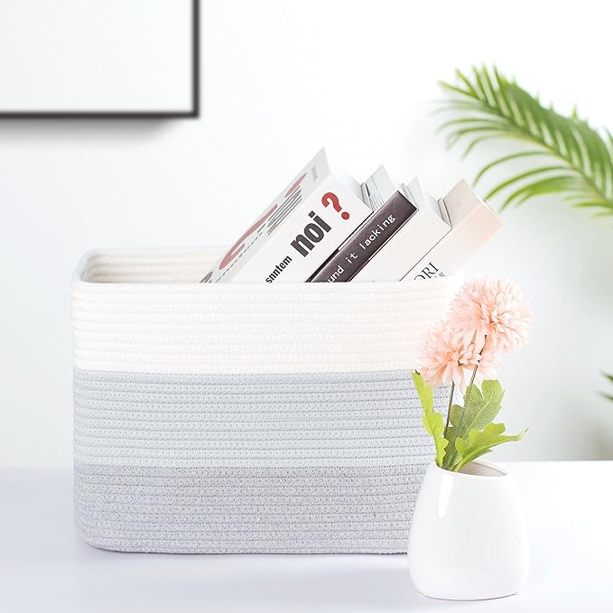 MINTWOOD Design 3-Pack Storage Baskets for Shelves, Playroom and Classroom, Book Basket, Decorative Storage Cube Bins, Woven Closet Organizers, Pantry and Shoe Organizer, 3-Tone Grey