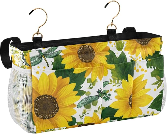 Cute Yellow Sunflowers and Dragonflies Bedside Caddy for Dorm Bed Bedside Hanging Caddy Bag Iron Frame Storage Organizer Pocket for Bunk Home College Hospital Beds 2 Hooks