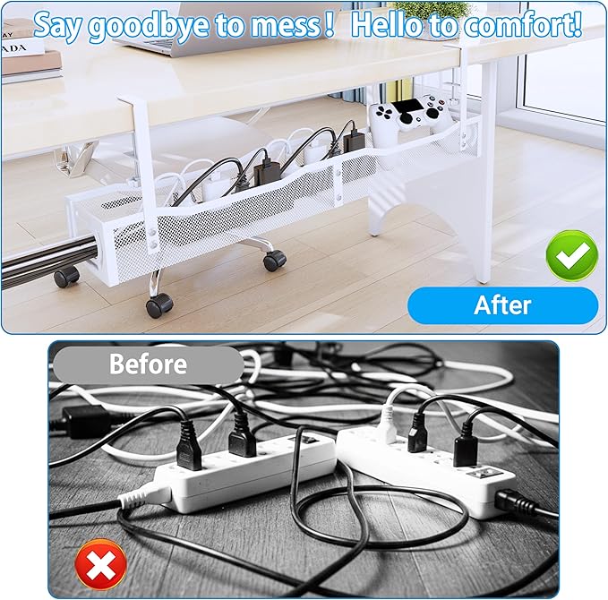 No Drill Under Desk Cable Management Tray, SONATURE 25.3" Cord Organizer for Table, Clamp Mount Desk Cable Management, Premium Carbon Steel Cable Organizer for Office, Home (White)