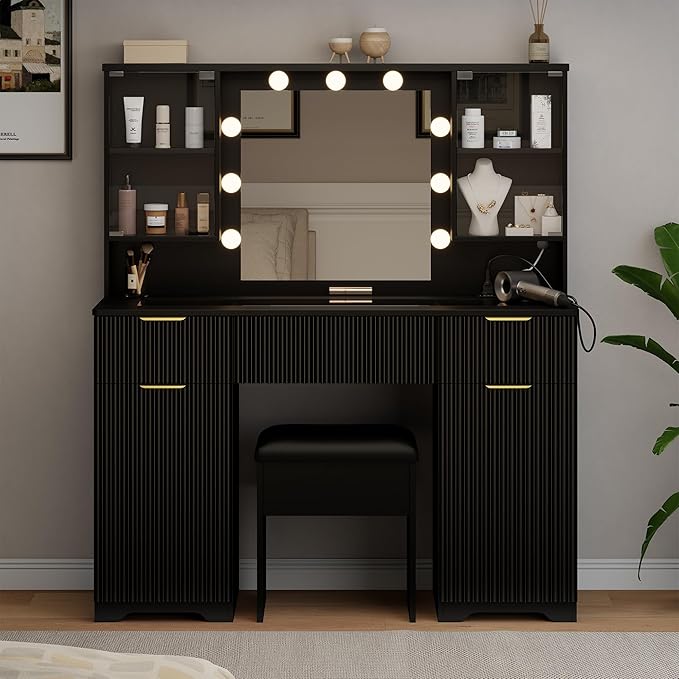 ONME 47.2" Fluted Makeup Vanity Desk with Mirror and Lights, Vanity with Chair, Modern Glass Top, Drawers & Adjustable Shelves, Dressing Table Set for Bedroom or Apartment