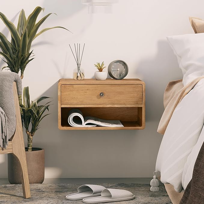 COZAYH Farmhouse Rubber Wood Floating Nightstand with Drawer and Open Shelf, Transitional Wall Mounted Side Table with Open Slot for Bedroom, Fully Assembled (Natural)