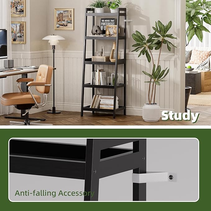 Bookshelf, 5 Tier Ladder Bookcase with Bamboo Frame, Freestanding Tall Narrow Display Plant Shelf for Living Room, Kitchen, Bedroom, Balcony, Black