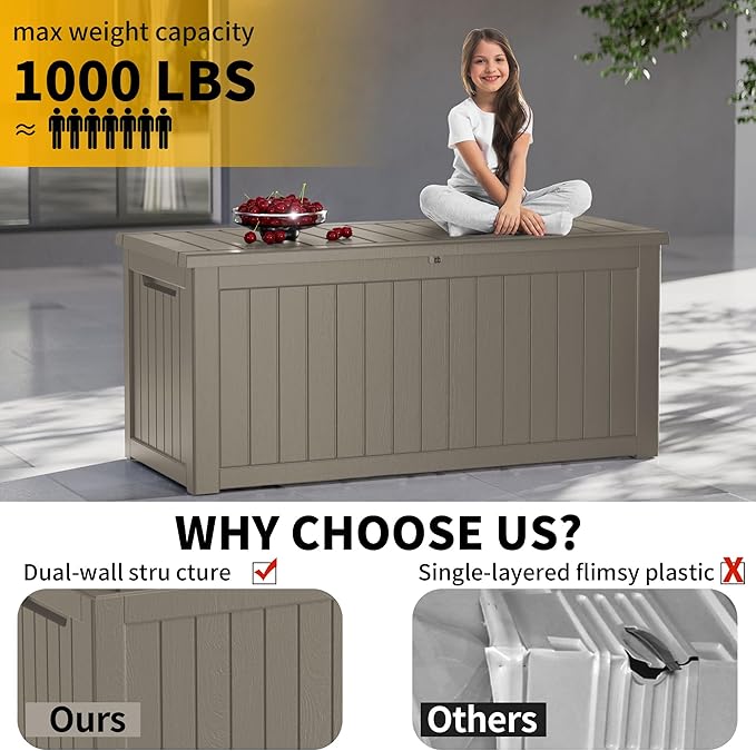 200 Gallon Deck Box, Resin Outdoor Indoor Waterproof Storage Box, Lockable Storage Box With Handle for Patio Furnitures - Garden Tools - Swimming Pool Tools UV Resistant (Grey, 200Gal)