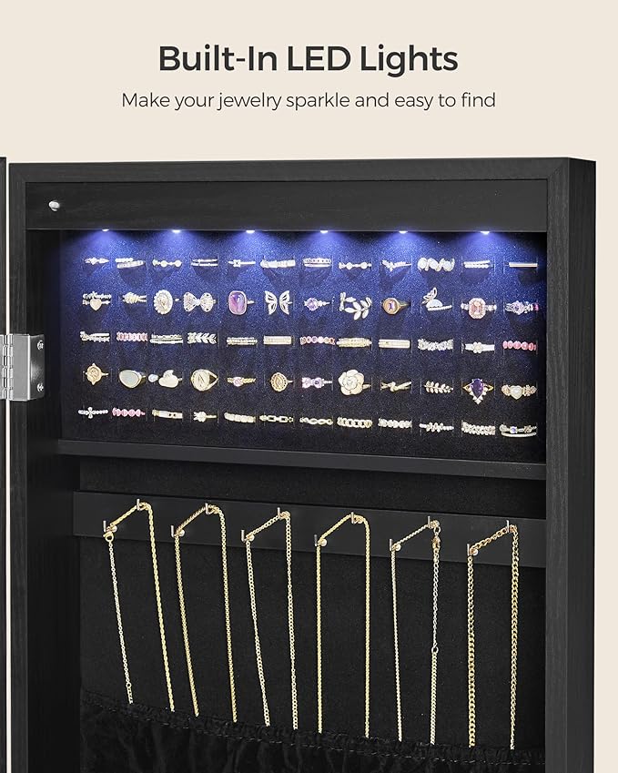 SONGMICS Hanging Jewelry Cabinet, Wall-Mounted Cabinet with LED Interior Lights, Door-Mounted Jewelry Organizer, Full-Length Mirror, Christmas Gift Idea, Ink Black UJJC099B01