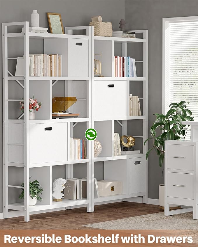Armocity Bookshelf with Drawers - 5 Tier Tall Bookcase Geometric Modern Book Shelf Display Standing Bookshelves with Storage for Living Room, Bedroom Home Office, White