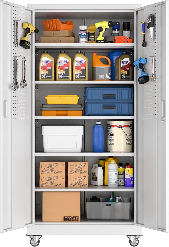 Aobabo 71" H×32" W×16" D Metal Storage Cabinet with Wheels, Garage Steel Storage Cabinet with 5 Adjustable Shelves and 4 Hooks for Home Office, Kitchen, White, Assembly Required