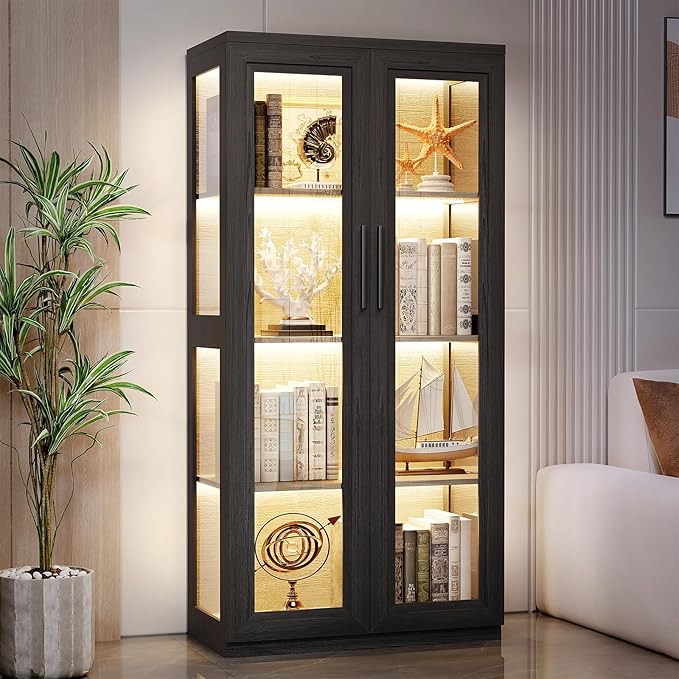 Curio Cabinet with Glass Doors, Bookcase with 4 Shelves, Display Cabinets for Collectibles, China Cabinet with 3 Color LED Lights and Human Body Sensing, Buffer Hinge, Black