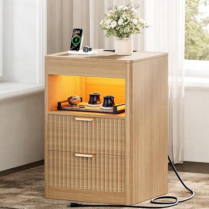 REAHOME Fluted Nightstand with Charging Station, Modern LED Night Stand with 2 Drawers and Pull Out Tray, Wood Bedside Table, End Side Table with Open Shelf for Bedroom,Natural