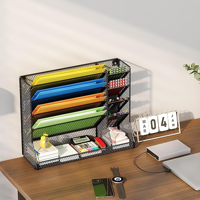 File Organizer Wall Mounted, 4 Tiers Durable Adjustable Metal Desk Organizer, Desktop Hanging File Holder with 4 Pen Slots Stable, 4 Pull-Out Divider for File, Mail, Black, Patent Pending