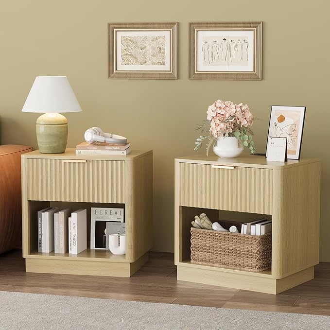 Fluted Nightstand with Charging Station Modern Bedside Table with Drawer and Open Shelf Mid Century End Table with Storage for Bedroom Living Room Sofa Office