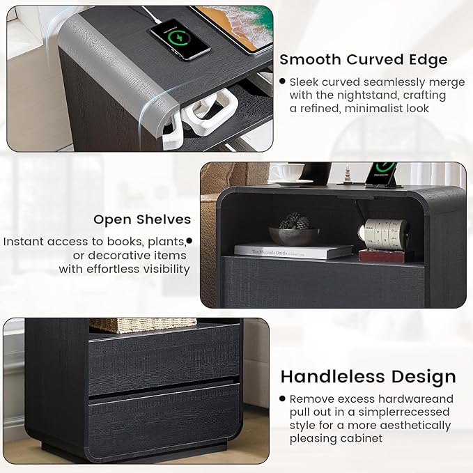 Black Nightstand Set of 2 with Charging Station, 25" Tall Wood Bedside Table, Modern Night Stand with 2 Storage Drawers, Curved Profile, Handleless, Modern End Table for Bedroom
