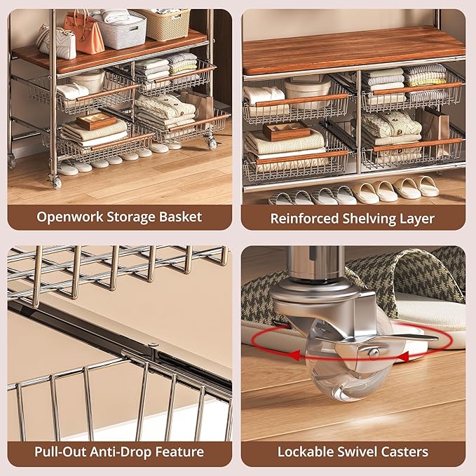 Rolling Clothing Garment Rack for Hanging Clothes–Portable Indoor Wardrobe Closet Organizer Shelves Metal Hanger Stand Heavy Duty Coat Drying Storage Racks with Wheels 15.7"Dx37"Wx67.7"H Chrome