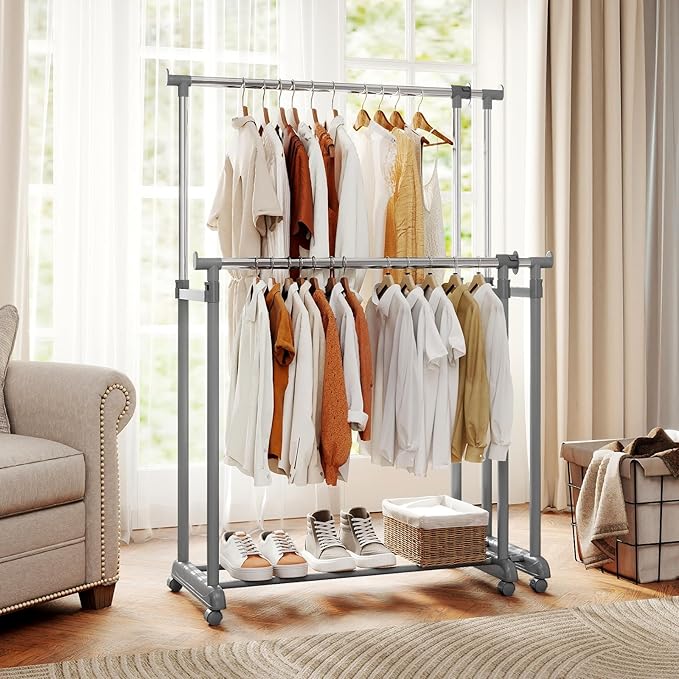 COSTWAY Double Rod Clothing Rack, Heavy-Duty Metal Garment Rack with Extendable Height & Width, Adjustable Rolling Closet Rack for Hanging Clothes with Wheels for Dressing Room, Laundry, Living Room