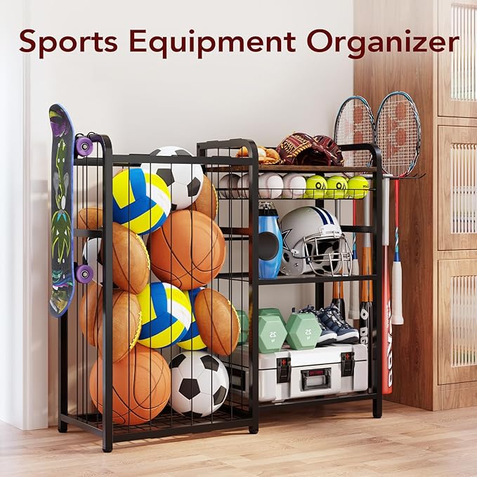 Garage Sports Equipment Organizer, Ball Storage for Gear and Toys, Large Capacity, Sports Organizer for Garage with Hooks and Baskets
