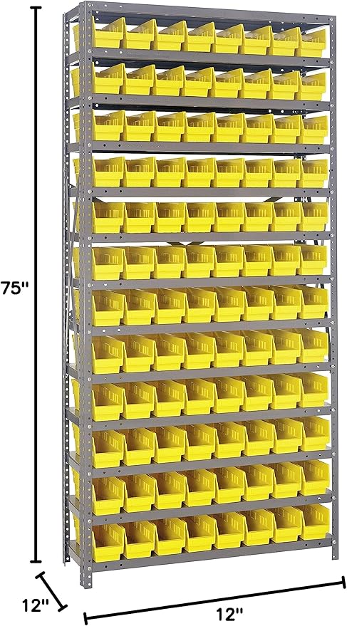 Quantum Storage Systems 1275-101YL Steel Shelving Unit with 4" Shelf Bins, 12" D x 36" W x 75" H, Yellow