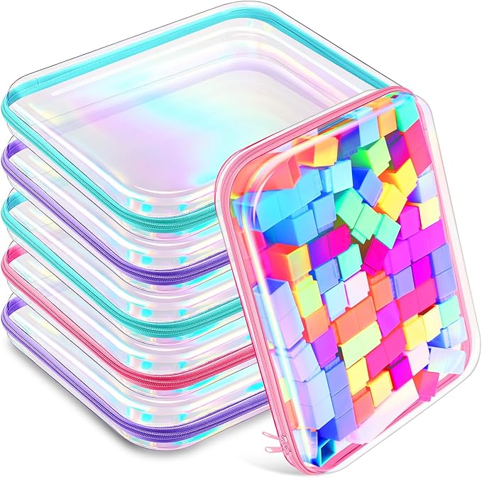 Sanwuta 6 Pcs Clear Hard Zipper Case Hard Plastic Zipper Pouches Transparent Makeup Bag Pencil Pouches for Travel Snacks Christmas Trinket Storage Organizer Box(Holographic,13.78 x 11.81 x 2 Inch)