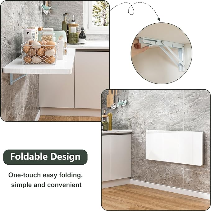 Clikuutory Wall Mounted High Gloss Folding Table, Wall Desk Fold Down for Small Spaces, Folding Workbench for Laundry Room, Home Office, Kitchen, Bedroom, Home Bar, White (47.2"×19.7")