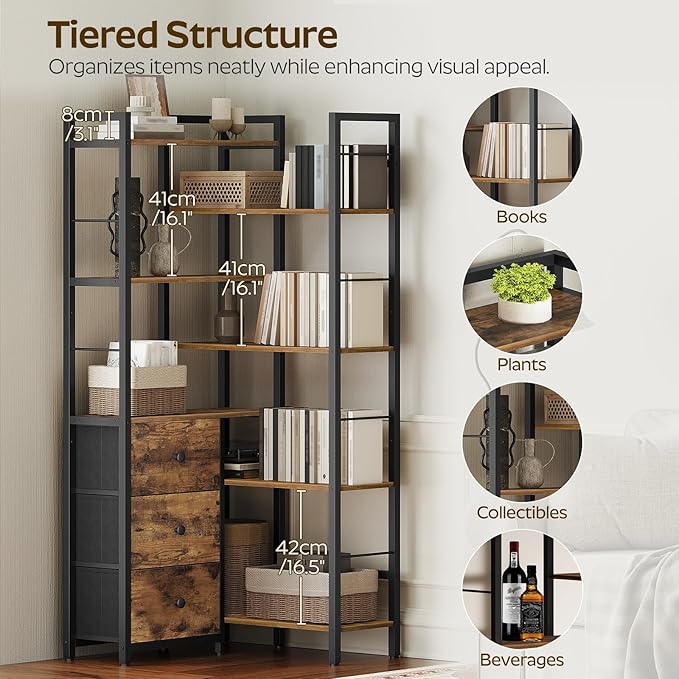 Corner Bookshelf, 7 Tier L-Shaped Bookcase with 3 Drawers, Storage Corner Shelf, Freestanding Tall Display Shelf, Industrial Style, for Living Room, Home Office, Rustic Brown and Black SJ10BR