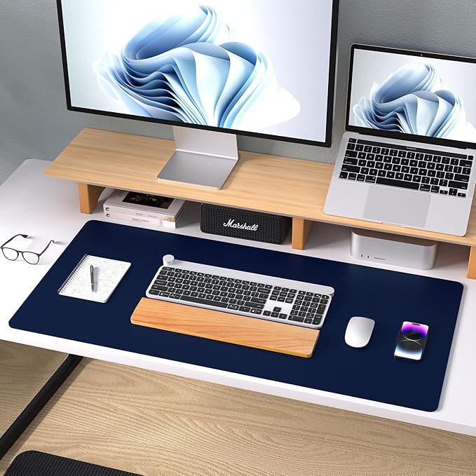 Aothia Leather Desk Pad Protector, Mouse Pad,Office Desk Mat, Non-Slip PU Leather Desk Blotter, Laptop Desk Pad, Waterproof Desk Writing Pad for Office and Home (Dark Blue,36" x 17")