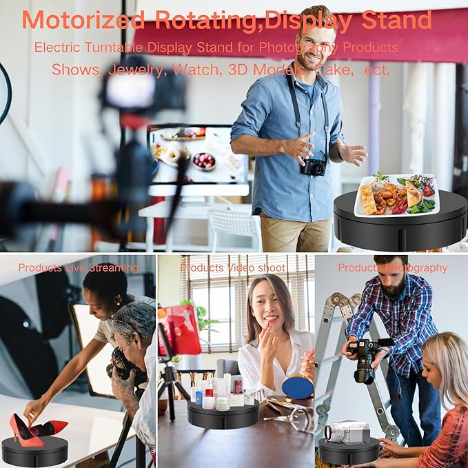 JAYEGT Motorized Rotating Display Stand, 350Lbs Load，360 Degree Electric Rotating Turntable for Photography Products Display，Live Show,Remote Control +5 Colors Backgrounds (Black/11.8inch /Wired)