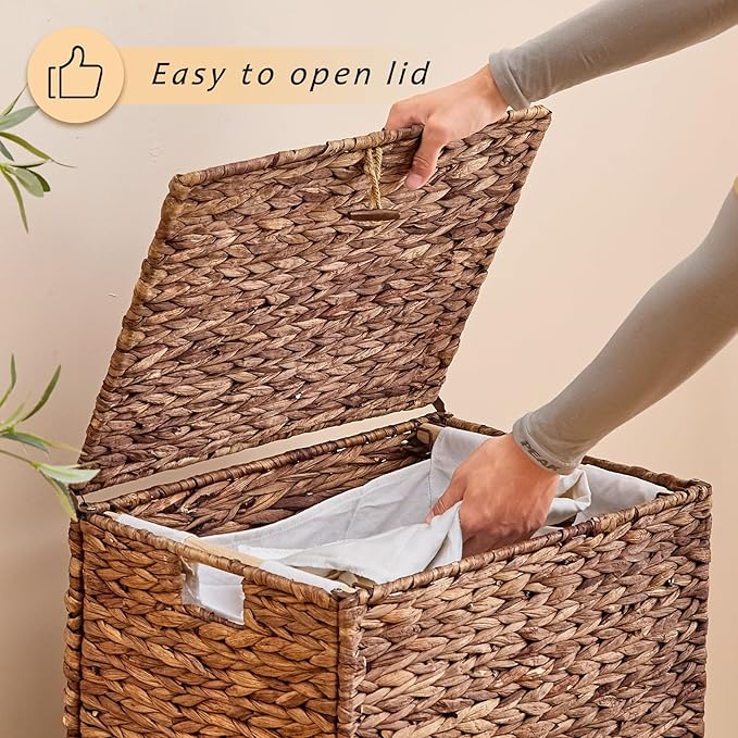 Large Laundry Hamper with Lid, Handwoven Hyacinth Rattan Clothes Hamper with Removable Liner Bag, Heightened Feet Wicker Laundry Basket for Bathroom, Bedroom, Living Room and Laundry