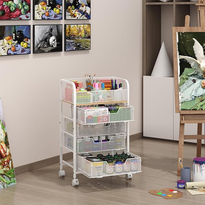 5-Tier Craft Organizer Cart with Wheels,Craft Organizers and Storage with Drawers,Lockable Wheels Rolling Utility Cart with DIY Divider,Office Supply Organizer,Ideal for Studio,Office,Bedroom,White