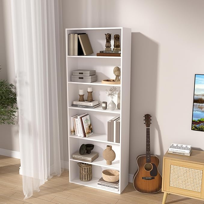 6 Tier Book Shelf，Wooden 6 Cube Storage Organizer,6 Tier Low Bookcase Storage Display Organizer, 64 Inch Versatile Cubes Shelf and Cubby Unit for Any Space (White, 6 Cube-W(23.6inch)
