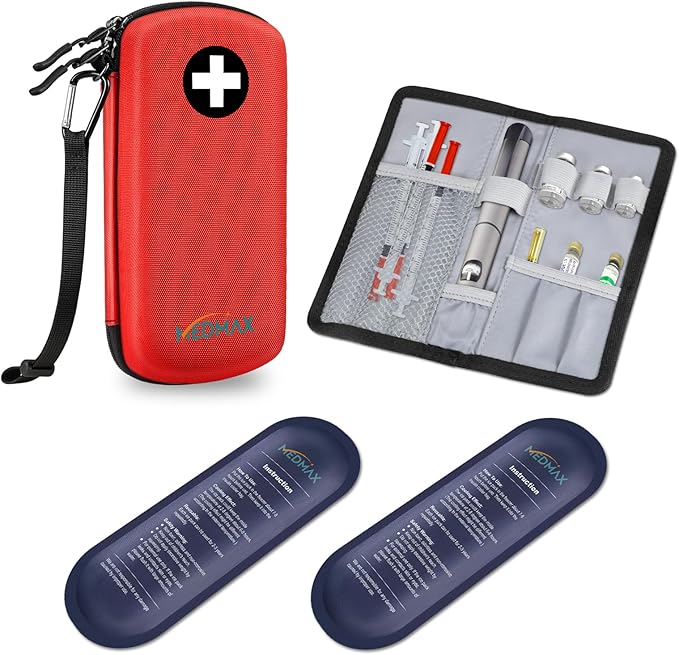 Hard Shell Insulin Cooler Travel Case with 2 Ice Pack, Shock Absorption Insulated Diabetic Medication Organizer Carrying Bag with Extra Pouch for Insulin Pen and Other Diabetic Supplies, Red