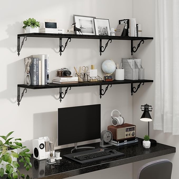 Fun Memories 55 Inch Floating Shelves, Long Floating Shelves Wall-Mounted, 12 Inch Deep Bookshelf with Bracket, 55" W x 12" D Shelves for Wall Display & Storage, Black, Set of 2