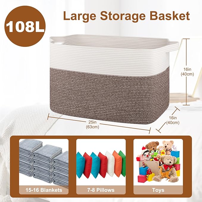 XXXL Supre Large Blanket Basket for Clothes, Towels, Pillows, 108L Cotton Rope Storage Basket for Living Room, Supre Large Woven Toy Storage for Kids, 25" x 16" x 16", Dark Brown and White