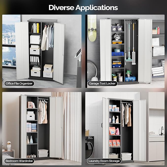 VINGLI Metal Storage Cabinet with Hanging Rod, 4 Adjustable Shelves, Lock Doors with Modern Gray Pattern Design, Armoire Wardrobe Closet Tool Functional Cabinet for Home, Office, Garage (Gray & Black)