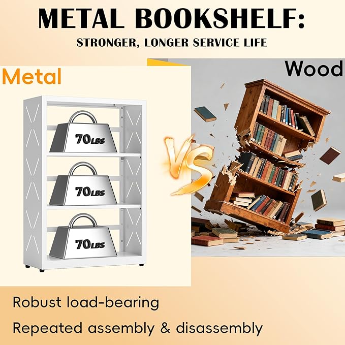 3 Tier Bookcase,Industrial Bookshelf,34" White Metal Small Bookshelf with Adjustable Feet and Adjustable Shelves,Home Office Bookcase Shelf Storage Organizer for Living Room Kitchen