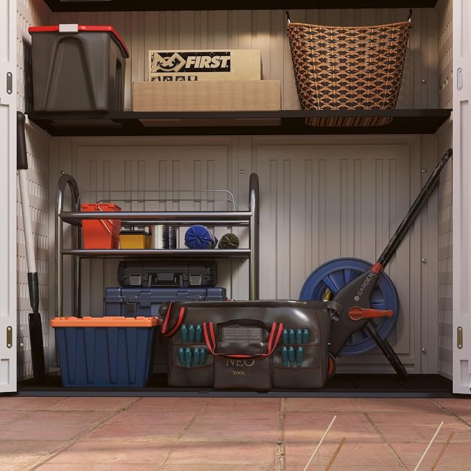 EHHLY Vertical Resin Storage Shed, 60 Cuft Garden Tool Sheds & Outdoor Storage, Plastic Outdoor Storage Cabinet Waterproof, 4.5 x 2.3 ft Backyard Outside Lawn Mower Storage Shed, Light Grey