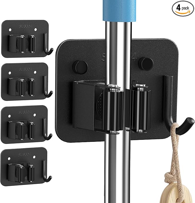 4 Pack Mop and Broom Holder Wall Mount - Stainless Steel Broom Mop Hanger - Wall Mounted Garden Tool Rack Organizer for Closet Garage Laundry Room Kitchen Decor (Black)