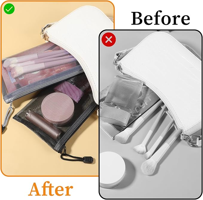 6 PCS Mesh Zipper Makeup Pouch Bags, Nylon Mesh Zipper Cosmetic Bags, Portable Travel Makeup Brush Pouches for Purse Toiletry Bag Organizer Case Diaper (Black, White, Gray)
