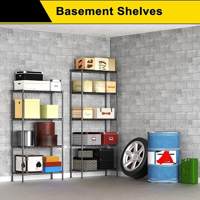 GIOTORENT 5-Wire Garage Shelving Storage Shelves, Metal Shelf Organizer 1400Lbs Capacity, Kitchen Storage Adjustable Shelf for Laundry Bathroom Pantry Closet, Black 30.2''L x 14.2''W x 79.1" H