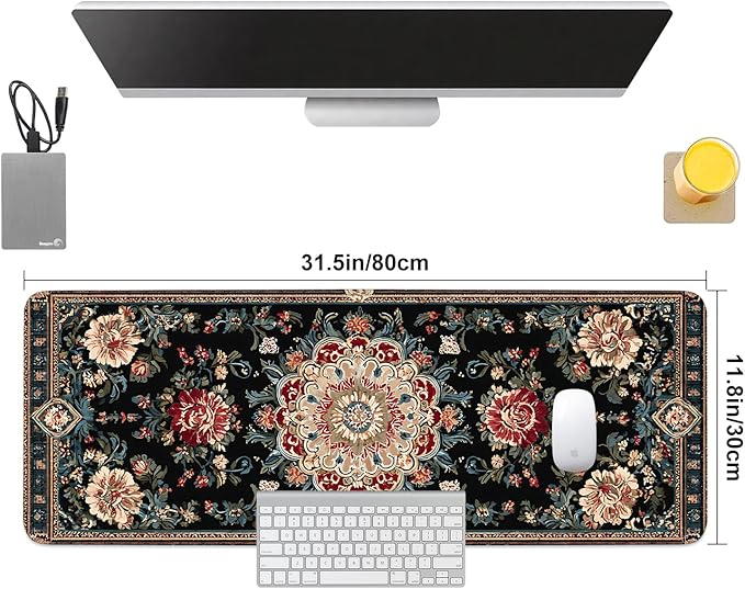 Vintage Persian Carpet Mouse Pad – Large Extended Desk Mat 31.5 x 11.8 in – Oriental Floral Rug Design, Non-Slip Rubber Base, Stitched Edges, Soft Keyboard & Mouse Mat for Office or Gaming