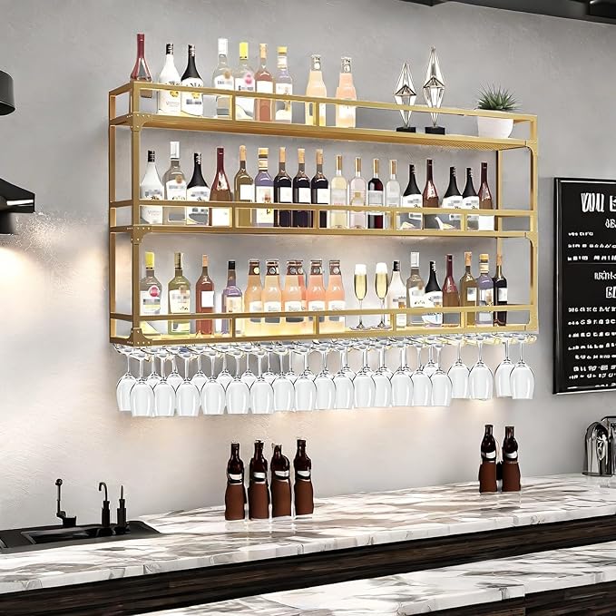 70.8in Wall Mounted Wine Rack, Wine Rack Wall Mounted with Wine Glass Rack, Metal Bar Bottle Display Shelf Wine Cups Hanging Holder, for Home Bar Cafe Decoration (Gold, 70.8 * 10 * 35.5IN)