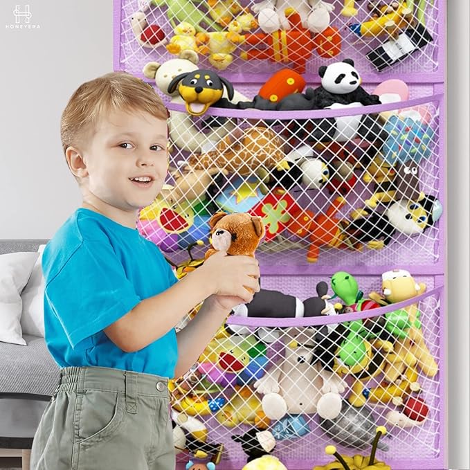 Honeyera Plush Storage (Patent Pending) - Plush Hammock Net Over Door Organizer for Stuffies, Baby Accessories, Toy/Hammock Hanging Storage Big Girls Toddler Large Bag Animals (Purple)