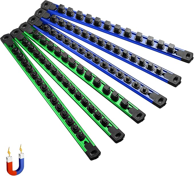 ALOANES 6-Piece Magnetic Socket Organizer, Heavy Duty Aluminum Socket Rails Organizer, 360° Swivel Clips Socket Holder Kit for Tool Box, 1/2, 3/8, 1/4-Inch Socket Holder x 80 Clips (Green&Blue)