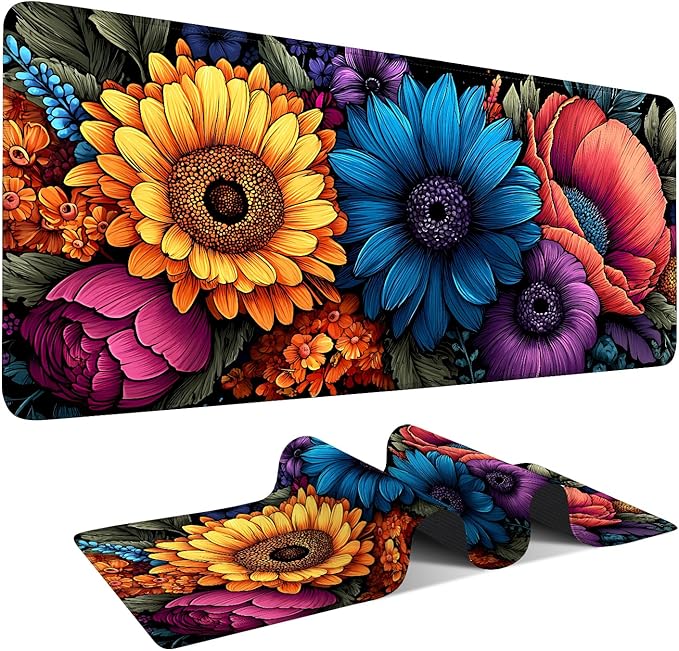Flower Gaming Mouse Pad 35.4"x15.7"Desk Mat Anti-Slip Rubber Base & Durable Stitched Edges for Gamers Smooth Mouse Writing Surface for Desk Office/Home