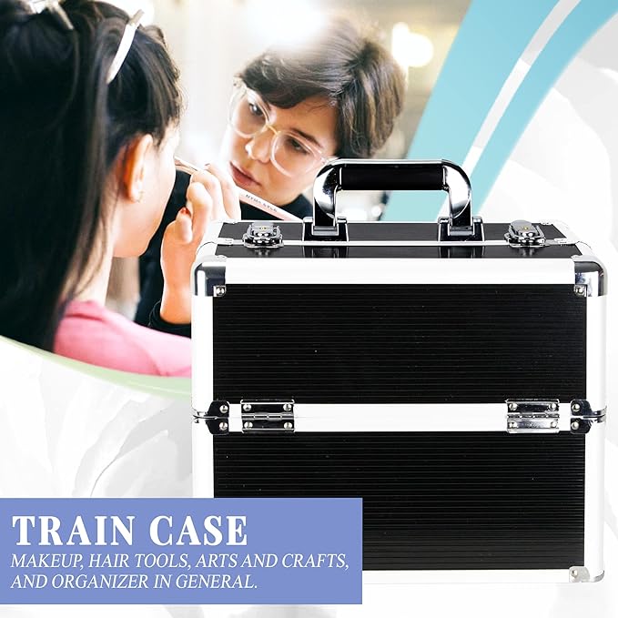 Ver Beauty Makeup Organizer, Cosmetic Travel Kit, Makeup Artist Supplies, 2 Sliding Trays, Lockable Storage Box, Makeup Train Case, Aluminium Case, Lightweight Makeup Vanity (Black Stripes)