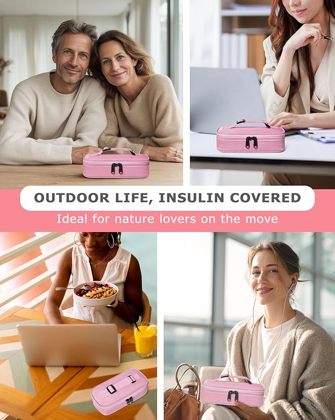Insulin Vial Cooler Travel Case TSA Approved 300g Reusable Ice Brick Insulin Pen Case Holds 2 Pens and 2 Vials Long Lasting Medicine Cooler for Travel Camping and Outdoor Activities (Pink)
